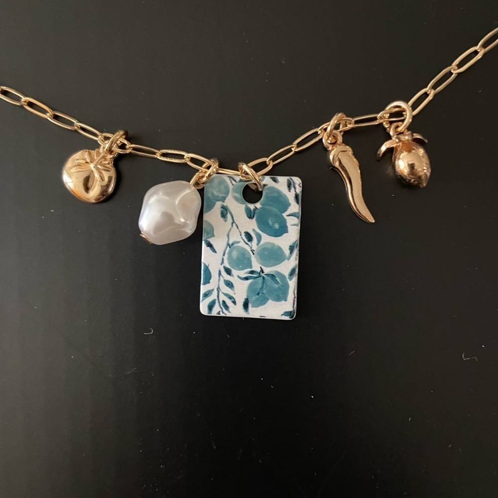 Gold Charm Necklace Blue and White fruit tile and tiny gold lemon and tomato - Picture 4 of 4